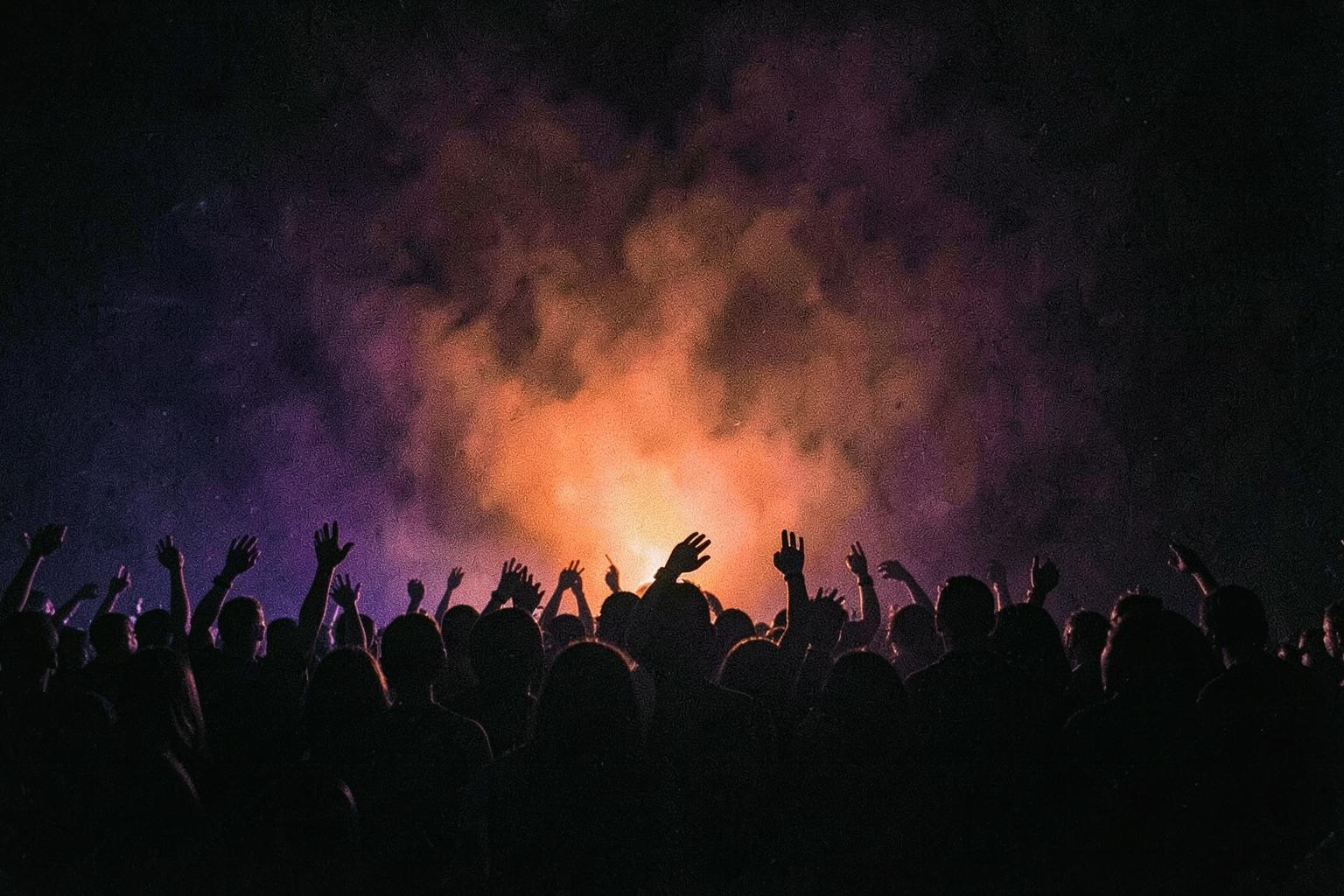 Crowd silhouetted against orange stage light at a live show